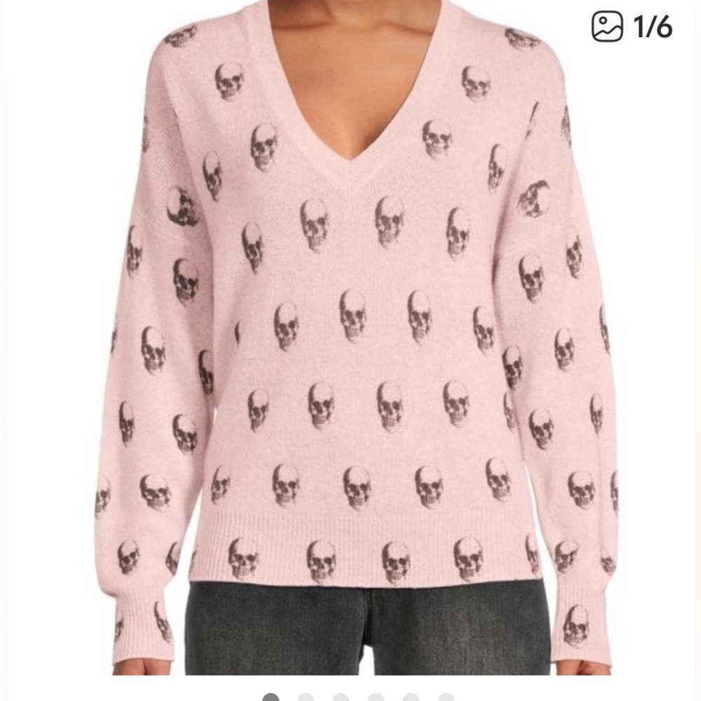 360 Cashmere pink skull v-neck sweater med